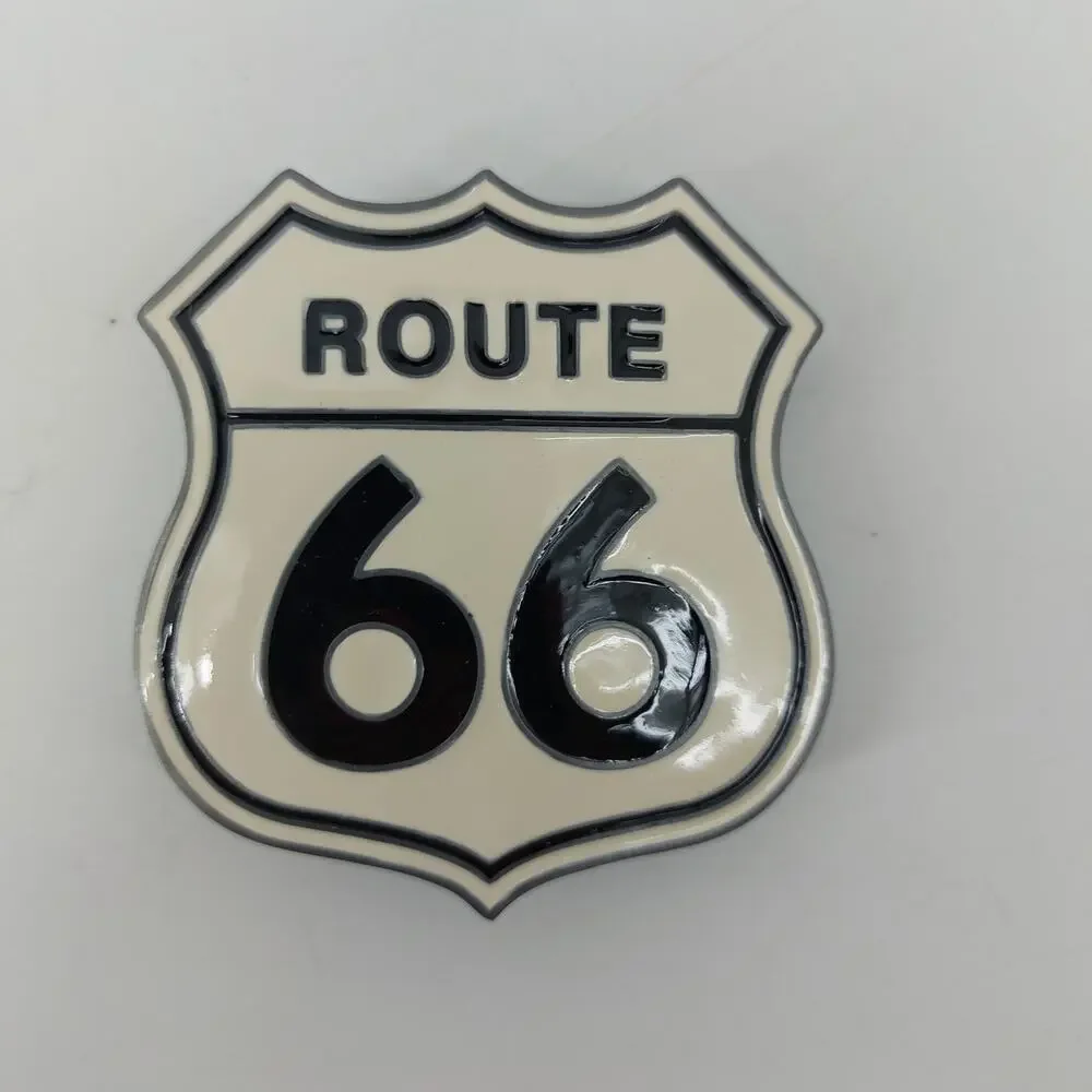 Route 66 Highway Metal Belt Buckle Road Trip Enamel White